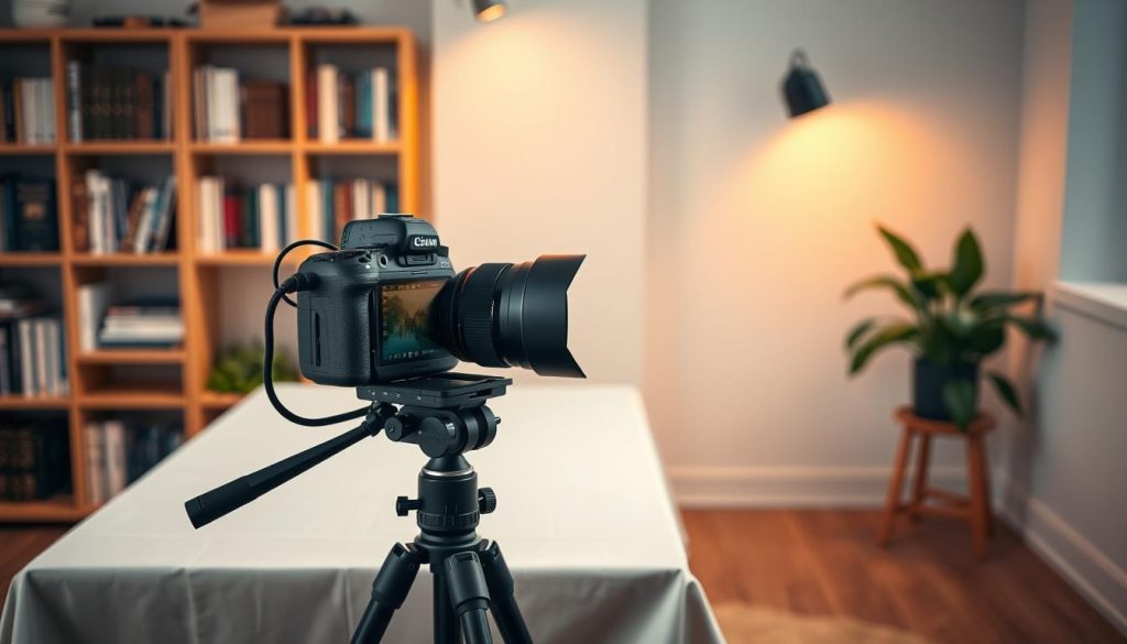 A beautifully designed professional video production setup. In the foreground, a high-end DSLR camera mounted on a sturdy tripod, its lens carefully positioned to capture the scene. The middle ground features a sleek, minimalist table adorned with a soft, neutral-toned cloth, providing a clean backdrop for the camera. In the background, a tastefully arranged bookshelf filled with educational resources and a potted plant, creating a serene, relaxing atmosphere. Warm, diffused lighting gently illuminates the entire composition, enhancing the sense of tranquility and focus. The overall scene conveys a well-curated, visually appealing space dedicated to productive, educational content creation.