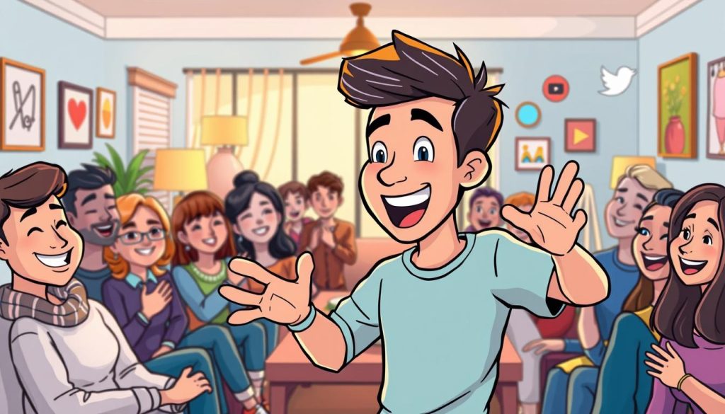 A bright, cheerful scene depicting a YouTuber enthusiastically engaging with their audience. In the foreground, the YouTuber, drawn in a vibrant, cartoonish style, is gesturing excitedly while surrounded by a diverse group of viewers, each with their own unique expressions and personalities. The middle ground features a cozy, inviting living room setting, with modern decor and warm lighting, creating a comfortable and welcoming atmosphere. In the background, various social media icons and elements subtly hint at the digital nature of the interaction. The overall mood is one of positivity, interactivity, and a genuine connection between the content creator and their loyal following. A bright, cheerful scene depicting a YouTuber enthusiastically engaging with their audience. In the foreground, the YouTuber, drawn in a vibrant, cartoonish style, is gesturing excitedly while surrounded by a diverse group of viewers, each with their own unique expressions and personalities. The middle ground features a cozy, inviting living room setting, with modern decor and warm lighting, creating a comfortable and welcoming atmosphere. In the background, various social media icons and elements subtly hint at the digital nature of the interaction. The overall mood is one of positivity, interactivity, and a genuine connection between the content creator and their loyal following.