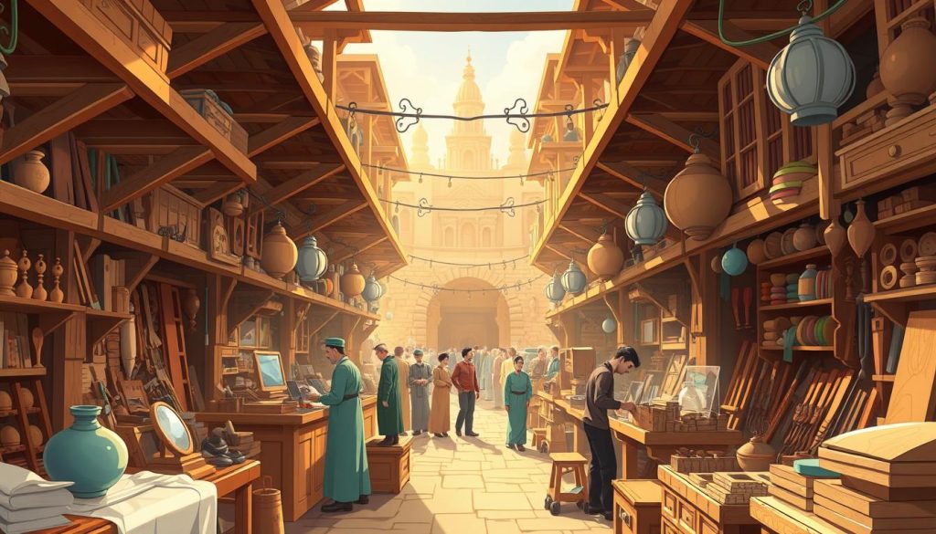 A bustling Iranian carpentry market in the heart of a historic city, with rows of wooden workshops, tools, and skilled artisans at work. The sunlight filters through the intricate wooden structures, casting warm shadows and highlighting the rich textures of the handcrafted furniture and decor. Vibrant colors and lively interactions between shopkeepers and customers create a charming, animated atmosphere, capturing the essence of Iran's thriving carpentry culture.