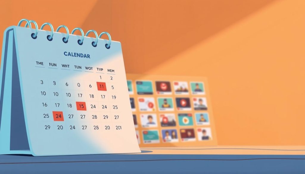 A captivating calendar depicting a vibrant, modern content strategy. The foreground features a crisp, minimalist design with clean typography and a prominent logo, hinting at the professional, organized approach to content production. The middle ground showcases a grid of content thumbnails, each representing a specific post or video, arranged in a structured, visually appealing layout. The background subtly blends warm, earthy tones with a touch of digital flair, creating an atmosphere of creativity, productivity, and a sense of a well-crafted content ecosystem. Soft, diffused lighting casts gentle shadows, adding depth and a touch of refinement to the overall composition. The image conveys a balanced, deliberate, and strategically curated approach to content management, perfectly suited for the "استراتژی تولید محتوا و تقویم انتشار" section of the article.