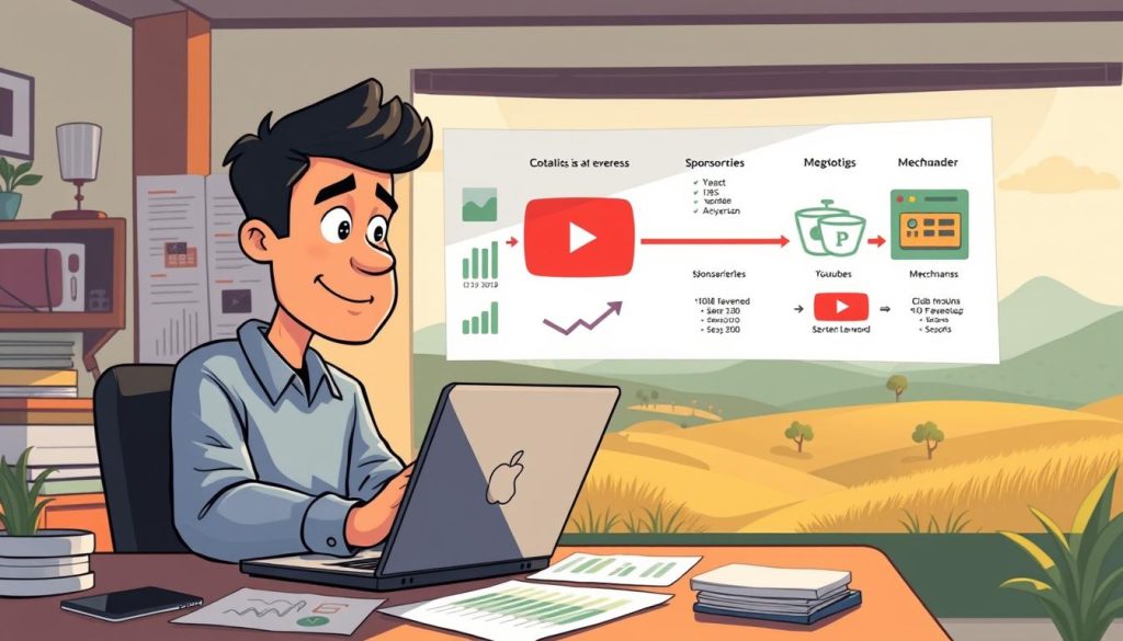 A cartoon depiction of a YouTuber critically analyzing their channel's revenue stream. In the foreground, a caricatured content creator sits at a desk, laptop open and surrounded by charts and graphs depicting various income sources. The middle ground shows a visual representation of the different monetization methods available on the platform, such as ad revenue, sponsorships, and merchandise sales. In the background, a stylized landscape showcases the potential for investment and diversification beyond the confines of YouTube. The scene is illuminated by a warm, natural lighting, creating a contemplative and introspective atmosphere.