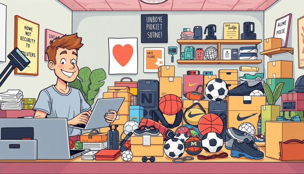 A cheerful illustration of a YouTuber's workstation, featuring an array of neatly organized unboxed sports equipment. In the foreground, a smiling character diligently calculates revenue metrics on a laptop, surrounded by colorful boxes, packing materials, and camera equipment. The middle ground showcases various sports gear, including basketballs, soccer balls, and fitness accessories, arranged in a visually appealing manner. The background depicts a cozy, well-lit room with inspirational posters and shelves filled with additional products. The scene conveys a sense of productivity, professionalism, and enthusiasm for the YouTuber's unboxing content creation process. A cheerful illustration of a YouTuber's workstation, featuring an array of neatly organized unboxed sports equipment. In the foreground, a smiling character diligently calculates revenue metrics on a laptop, surrounded by colorful boxes, packing materials, and camera equipment. The middle ground showcases various sports gear, including basketballs, soccer balls, and fitness accessories, arranged in a visually appealing manner. The background depicts a cozy, well-lit room with inspirational posters and shelves filled with additional products. The scene conveys a sense of productivity, professionalism, and enthusiasm for the YouTuber's unboxing content creation process.