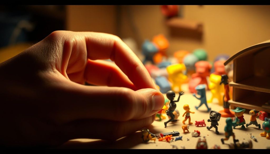 A close-up view of a hand meticulously crafting a stop-motion animation scene. The hand is deftly manipulating small, colorful recycled plastic pieces, molding them into intricate shapes and characters. The scene is illuminated by a soft, diffused lighting that casts gentle shadows, highlighting the delicate details of the work. The background is slightly blurred, placing the focus entirely on the skilled, expressive hand movements. The overall mood is one of concentration, creativity, and the joy of the filmmaking process, capturing the essence of the "Filming the Making Process: Techniques and Angles" section.