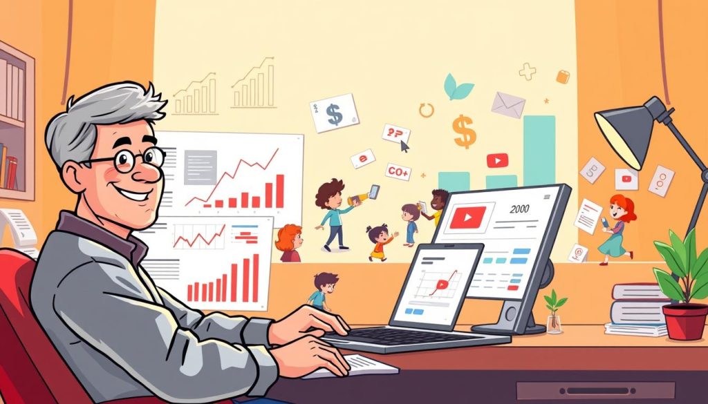 A colorful and lighthearted illustration of calculating YouTube income. In the foreground, a smiling middle-aged person sits at a desk, surrounded by charts, graphs, and a laptop displaying revenue metrics. In the middle ground, playful cartoon characters representing YouTube viewers and subscribers interact, generating views and engagement. In the background, a warm, sunny palette sets a positive and optimistic mood, with stylized icons and graphics suggesting the growth and success of the YouTube channel. Soft, diffused lighting creates a welcoming, approachable atmosphere, inviting the viewer to explore the details of this YouTuber's financial journey.