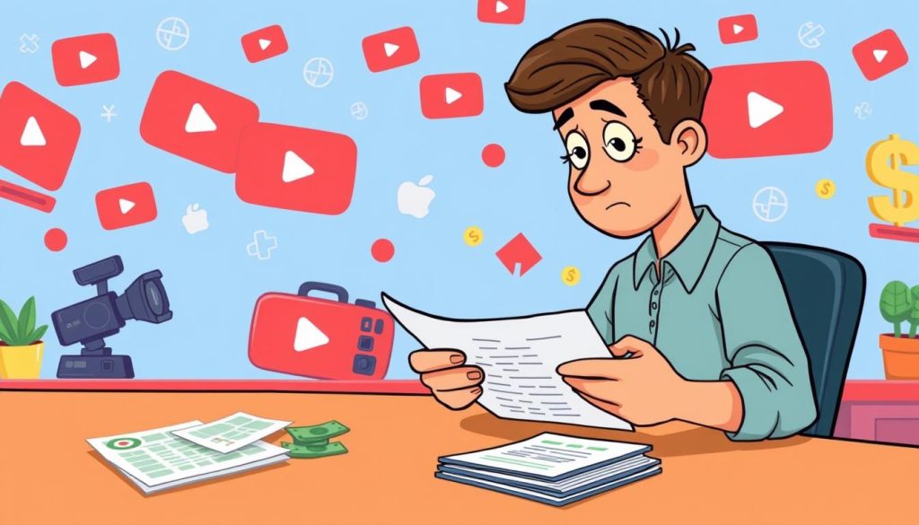 A colorful cartoon illustration depicting a YouTuber carefully examining their channel's revenue stream. The foreground shows the YouTuber sitting at a desk, studying financial documents and charts with a contemplative expression. The middle ground features various YouTube icons, such as a video camera, subscribers, and monetary symbols, emphasizing the focus on monetization. The background showcases a vibrant, playful interpretation of the YouTube platform, with whimsical elements like floating video thumbnails and stylized text. The overall scene conveys a sense of analytical evaluation and financial consideration within the context of a YouTuber's journey.