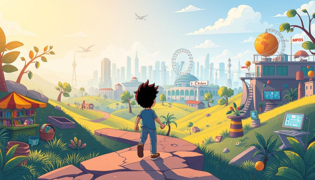 A colorful cartoon scene depicting a vibrant landscape of financial opportunities. In the foreground, a determined individual navigates a winding path, encountering various income-generating activities such as a bustling market stall, a thriving small business, and a digital workspace. The middle ground showcases a diverse array of prosperous enterprises, each with unique challenges and rewards. In the background, a skyline of modern buildings and technological infrastructure symbolizes the potential for growth and innovation. The lighting is warm and inviting, creating an atmosphere of optimism and possibility. The overall composition conveys a sense of dynamism, highlighting the multifaceted nature of achieving financial stability. A colorful cartoon scene depicting a vibrant landscape of financial opportunities. In the foreground, a determined individual navigates a winding path, encountering various income-generating activities such as a bustling market stall, a thriving small business, and a digital workspace. The middle ground showcases a diverse array of prosperous enterprises, each with unique challenges and rewards. In the background, a skyline of modern buildings and technological infrastructure symbolizes the potential for growth and innovation. The lighting is warm and inviting, creating an atmosphere of optimism and possibility. The overall composition conveys a sense of dynamism, highlighting the multifaceted nature of achieving financial stability.
