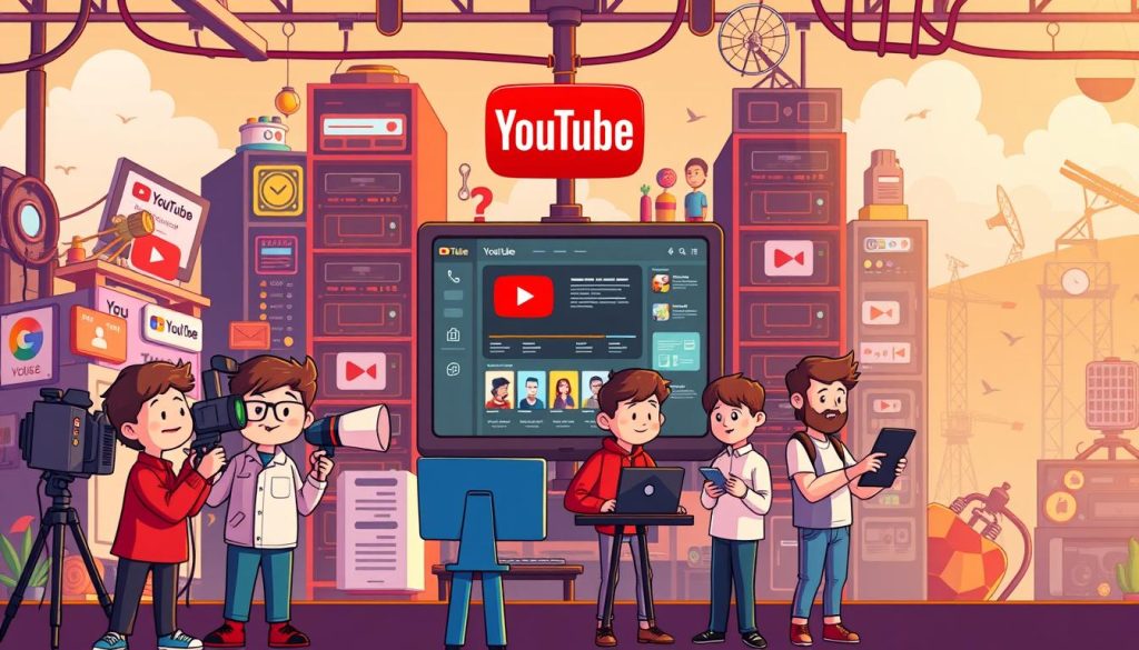 A colorful, playful illustration of the YouTube infrastructure. In the foreground, a group of cartoon characters, each representing a different aspect of YouTube - a camera-wielding videographer, a microphone-holding audio engineer, a software developer coding away, and a social media manager sharing posts. In the middle ground, a stylized YouTube platform with various icons and UI elements. In the background, a vibrant landscape of server racks, satellite dishes, and other technological components that power the YouTube network. The scene is bathed in warm, inviting lighting, conveying a sense of creativity, collaboration, and the joy of content creation.