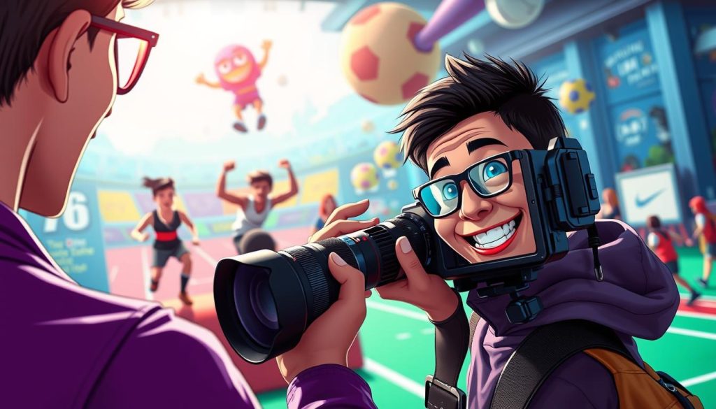 A colorful, vibrant scene of a YouTube photographer capturing dynamic, humorous sports challenges. In the foreground, a cheerful vlogger frames their shot, using a wide-angle lens to capture the full action. The middle ground features a group of athletes performing zany stunts, with comedic expressions and exaggerated poses. The background depicts a lively, cartoon-inspired setting, with bright colors, fantastical elements, and a sense of playful energy. Dramatic lighting highlights the dynamic movement, while a cinematic camera angle adds to the engaging, entertaining atmosphere. The overall mood is one of whimsical, light-hearted fun, perfectly capturing the spirit of an exciting, comedic sports YouTube channel.