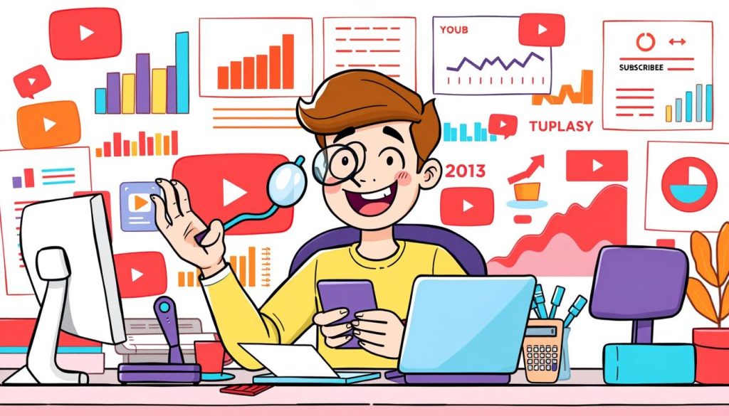 A colorful, whimsical cartoon scene depicting a young adult YouTuber sitting at a desk, surrounded by various digital devices and analytics charts. The foreground shows the YouTuber enthusiastically calculating their channel's estimated income, with a magnifying glass, calculator, and smartphone in hand. The middle ground features vibrant infographic-style elements, including colorful bar graphs, pie charts, and subscriber/view count visualizations. The background showcases a stylized, playful interpretation of the YouTube platform, with iconic red play buttons, trending topic tags, and other platform-specific motifs. The overall mood is positive, informative, and creatively engaging, reflecting the article's focus on building a successful YouTube channel for parenting and lifestyle content. A colorful, whimsical cartoon scene depicting a young adult YouTuber sitting at a desk, surrounded by various digital devices and analytics charts. The foreground shows the YouTuber enthusiastically calculating their channel's estimated income, with a magnifying glass, calculator, and smartphone in hand. The middle ground features vibrant infographic-style elements, including colorful bar graphs, pie charts, and subscriber/view count visualizations. The background showcases a stylized, playful interpretation of the YouTube platform, with iconic red play buttons, trending topic tags, and other platform-specific motifs. The overall mood is positive, informative, and creatively engaging, reflecting the article's focus on building a successful YouTube channel for parenting and lifestyle content.