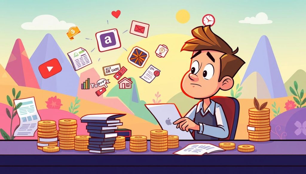 A colorful, whimsical cartoon scene depicting the analysis of YouTube revenue. In the foreground, a YouTuber character sits at a desk, surrounded by stacks of coins and financial documents. Their expression is pensive as they scrutinize the numbers. In the middle ground, visuals representing different monetization streams flow around the YouTuber, such as ad revenue, sponsorships, and merchandise sales. The background features a vibrant, abstract landscape with geometric shapes and playful elements, conveying the dynamic and ever-changing nature of the YouTube platform. The lighting is soft and warm, creating a contemplative and insightful atmosphere for the financial assessment.