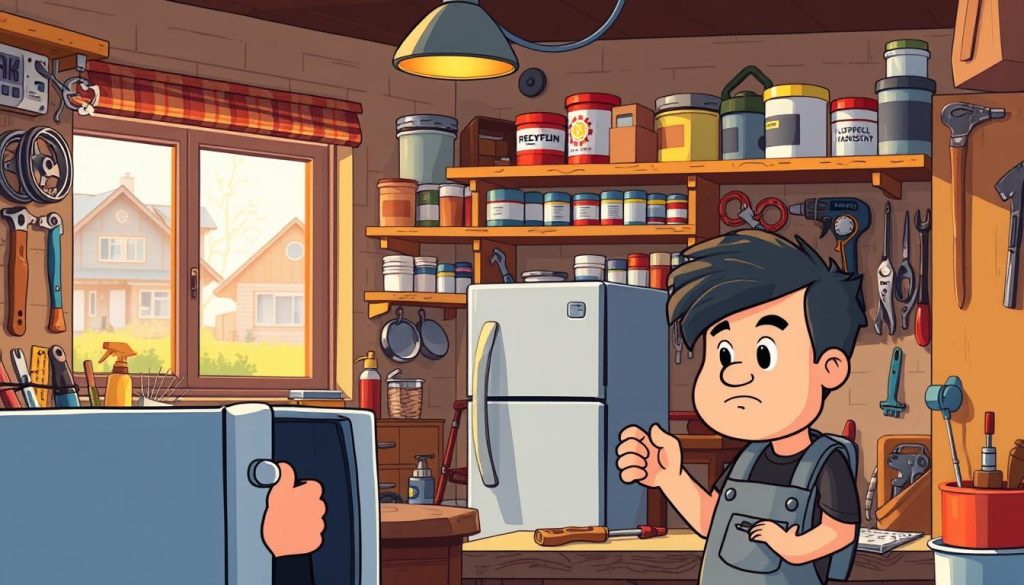 A cozy DIY home repair workshop, bathed in warm lighting and filled with a variety of tools and materials. In the foreground, a cartoon handyman figure examines a broken appliance, brow furrowed in concentration. The middle ground features shelves stocked with neatly organized spare parts, paint cans, and other home improvement supplies. In the background, a window offers a glimpse of a suburban neighborhood, hinting at the practical applications of these DIY skills. The overall atmosphere is one of productivity, problem-solving, and a sense of accomplishment that comes from tackling home repairs independently.