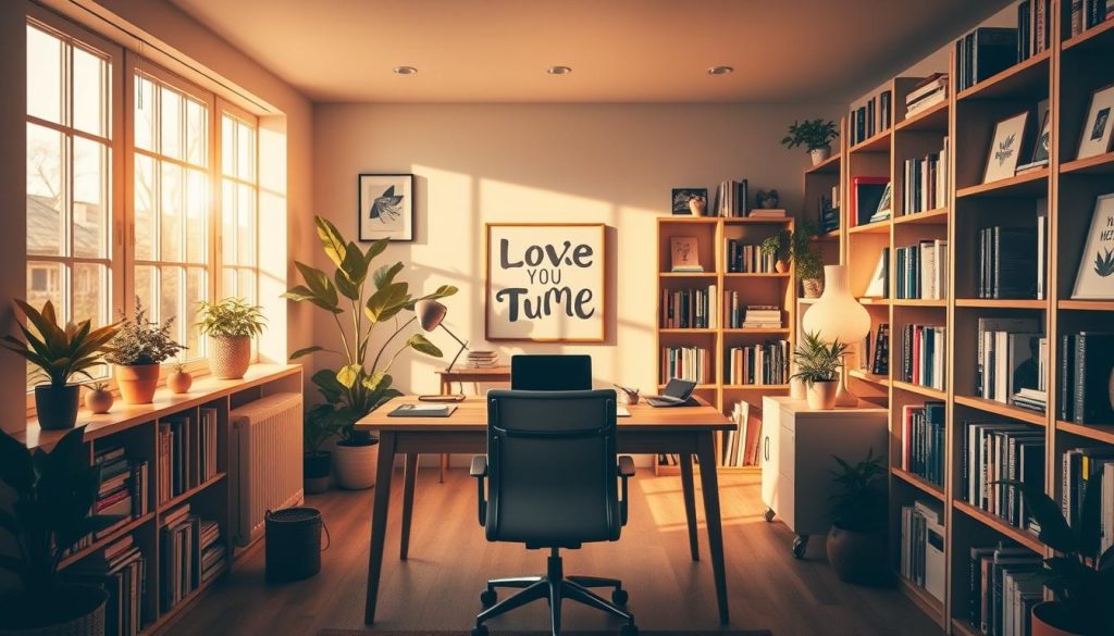 A cozy and inviting YouTube study space, bathed in warm, natural light filtering through large windows. A wooden desk with clean, minimalist lines sits at the center, paired with a comfortable, ergonomic chair. Bookshelves line the walls, filled with an assortment of educational materials and inspiring decor. Potted plants and soft, ambient lighting create a calming, productivity-boosting atmosphere. The overall aesthetic is sophisticated yet relaxed, blending functionality with a touch of modern, Scandinavian-inspired design. A serene, focused environment ideal for immersive, distraction-free learning and content creation.