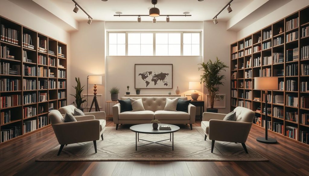 A cozy and inviting studio space with stylish and comfortable furnishings. A plush, neutral-toned sofa stands as the central focus, complemented by a pair of modern, minimalist armchairs arranged in a conversational setting. Bookshelves line the walls, filled with a curated collection of educational materials, creating a serene and conducive atmosphere for study and content creation. Soft, diffused lighting from overhead fixtures and floor lamps casts a warm glow, while large windows allow natural light to filter in, enhancing the sense of tranquility. The overall design strikes a balance between functionality and aesthetic appeal, fostering a space that is both visually appealing and conducive to focused work.