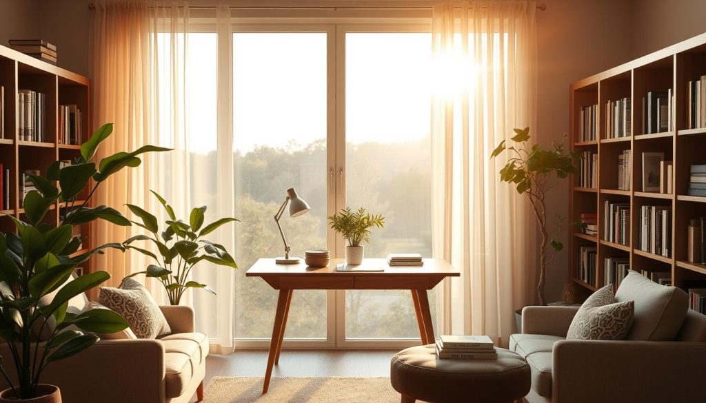A cozy and inviting study nook with soft lighting, plush seating, and lush greenery. A mid-century modern wooden desk with a minimalist lamp and a potted plant stands before a large window overlooking a serene outdoor scene. Bookshelves line the walls, creating a warm and intellectual atmosphere. The room is bathed in a golden, natural light that filters through sheer curtains, casting a gentle glow on the space. Subtle texture and patterns in the textiles and accessories add depth and visual interest. An overall sense of tranquility and focus pervades the carefully curated, professional-looking study decor.