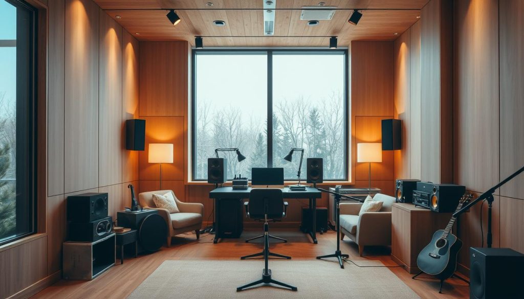 A cozy and well-designed acoustic studio, with a warm yet modern aesthetic. The space features natural wood accents, soundproofing panels, and an array of high-quality audio equipment. Soft lighting creates a serene, inviting atmosphere, while large windows allow natural daylight to filter in, providing a sense of openness and tranquility. The layout is thoughtfully arranged, with a central mixing console surrounded by comfortable seating and strategically placed microphones. The overall design strikes a balance between functionality and visual appeal, making it an ideal environment for recording, mixing, and content creation.