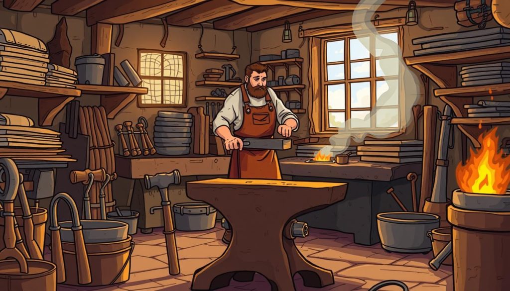 A cozy blacksmith's workshop, filled with a warm glow from the glowing forge. In the foreground, a sturdy anvil stands ready, surrounded by an array of specialized tools - hammers, tongs, and quenching baths. In the middle ground, a skilled blacksmith, donning a leather apron, carefully inspects and maintains the equipment, ensuring its proper functioning. The background is adorned with shelves of raw materials, steel bars, and a window that allows natural light to flood the space, creating a sense of rustic charm. The overall atmosphere conveys a harmonious blend of tradition, craftsmanship, and the importance of meticulous care for the tools of the trade.