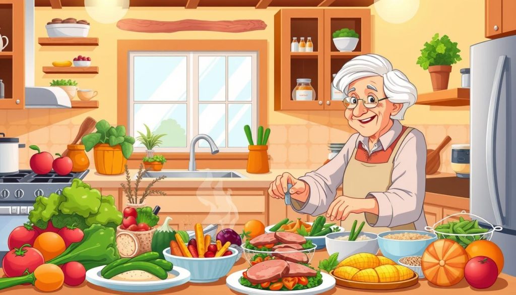 A cozy family kitchen, bathed in warm lighting, showcases a bountiful spread of healthy, home-cooked meals. Vibrant vegetables, lean proteins, and whole grains take center stage, tempting the senses. A cheerful older couple, smiling and engaged, collaborate effortlessly to prepare nourishing dishes. The scene exudes a sense of contentment and well-being, inspiring others to embrace a balanced lifestyle. Rendered in a charming, cartoon-like style, the image captures the joy of cooking for and sharing meals with loved ones, even as we age. A cozy family kitchen, bathed in warm lighting, showcases a bountiful spread of healthy, home-cooked meals. Vibrant vegetables, lean proteins, and whole grains take center stage, tempting the senses. A cheerful older couple, smiling and engaged, collaborate effortlessly to prepare nourishing dishes. The scene exudes a sense of contentment and well-being, inspiring others to embrace a balanced lifestyle. Rendered in a charming, cartoon-like style, the image captures the joy of cooking for and sharing meals with loved ones, even as we age.