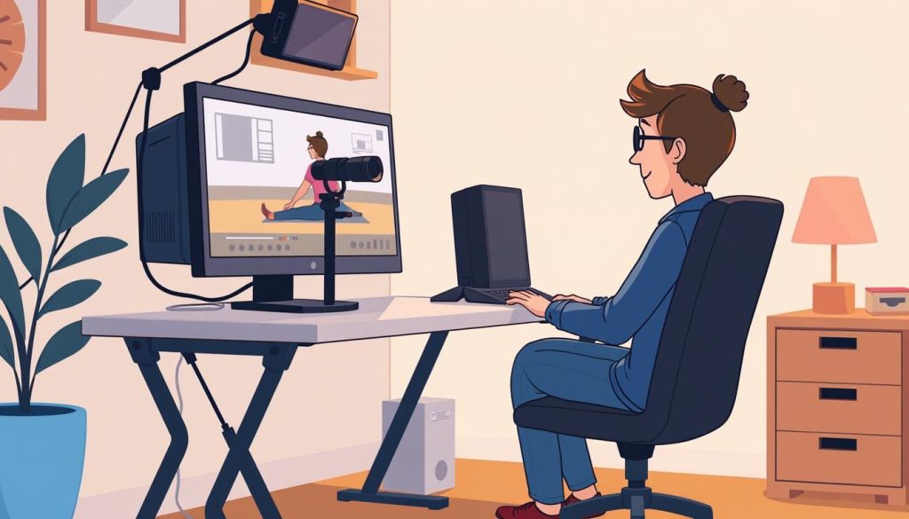 A cozy home office setup with a desk, chair, and a modern desktop computer. A stylized cartoon-like illustration showcases the process of video recording and editing, with a person sitting in front of the computer, capturing footage on the screen. The background features a softly lit, minimalist interior design with clean lines and warm tones, creating a relaxed and focused atmosphere. The lighting is balanced, with a mix of natural and artificial sources, highlighting the details of the equipment and the person's expression. The overall mood is one of productivity, efficiency, and a touch of whimsy, reflecting the article's focus on accessible video production for fitness enthusiasts over 40.