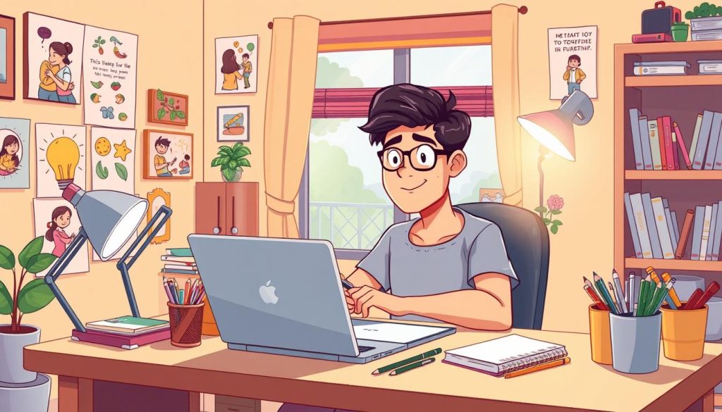 A cozy home office setup with a person sitting at a desk, deeply engaged in creative work. The desk is neatly organized, with a laptop, drawing tablet, and various stationery items. Vibrant, playful cartoon-style illustrations adorn the walls, depicting scenes of parenting, education, and personal growth. Warm, inviting lighting casts a soft glow, creating a serene, productive atmosphere. The person's expression is one of focus and satisfaction, reflecting the successful transformation of a simple activity into a thriving online channel. A cozy home office setup with a person sitting at a desk, deeply engaged in creative work. The desk is neatly organized, with a laptop, drawing tablet, and various stationery items. Vibrant, playful cartoon-style illustrations adorn the walls, depicting scenes of parenting, education, and personal growth. Warm, inviting lighting casts a soft glow, creating a serene, productive atmosphere. The person's expression is one of focus and satisfaction, reflecting the successful transformation of a simple activity into a thriving online channel.