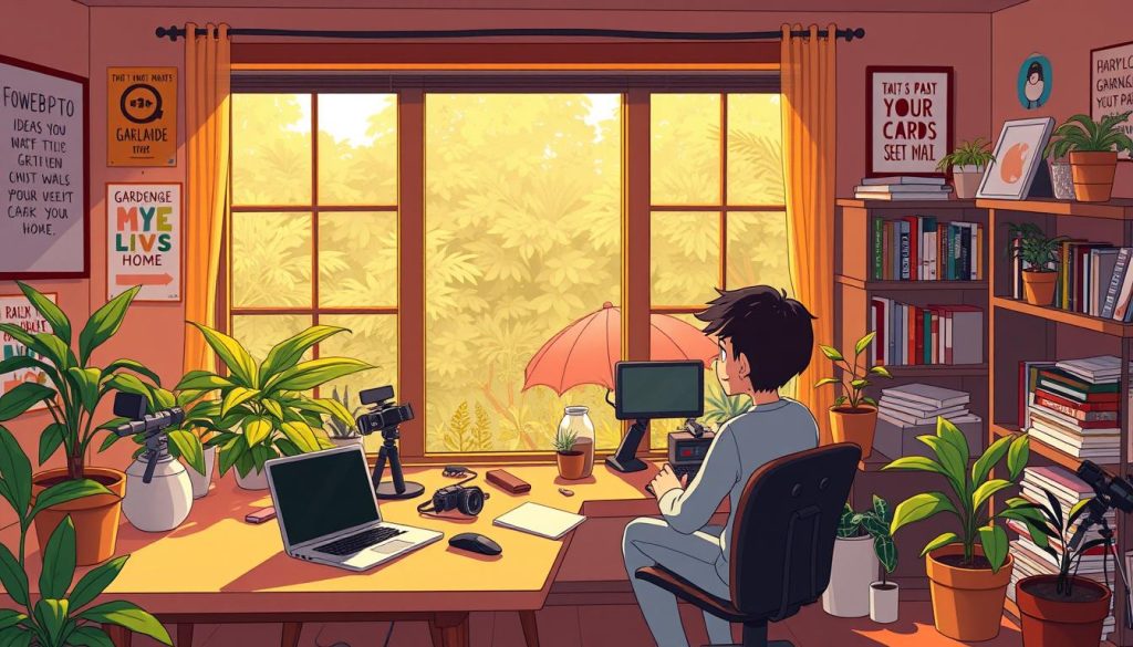 A cozy home studio with a large window overlooking a lush garden. On the desk, a laptop, camera, and various content creation tools sit neatly organized. Warm lighting casts a golden glow, while a plant-filled corner adds a touch of nature. The walls are adorned with inspirational posters and shelves of books on photography, videography, and gardening. A character in a casual, comfortable outfit sits at the desk, brainstorming ideas for their gardening YouTube channel. The overall atmosphere is one of creativity, productivity, and a passion for both content creation and horticulture. A cozy home studio with a large window overlooking a lush garden. On the desk, a laptop, camera, and various content creation tools sit neatly organized. Warm lighting casts a golden glow, while a plant-filled corner adds a touch of nature. The walls are adorned with inspirational posters and shelves of books on photography, videography, and gardening. A character in a casual, comfortable outfit sits at the desk, brainstorming ideas for their gardening YouTube channel. The overall atmosphere is one of creativity, productivity, and a passion for both content creation and horticulture.