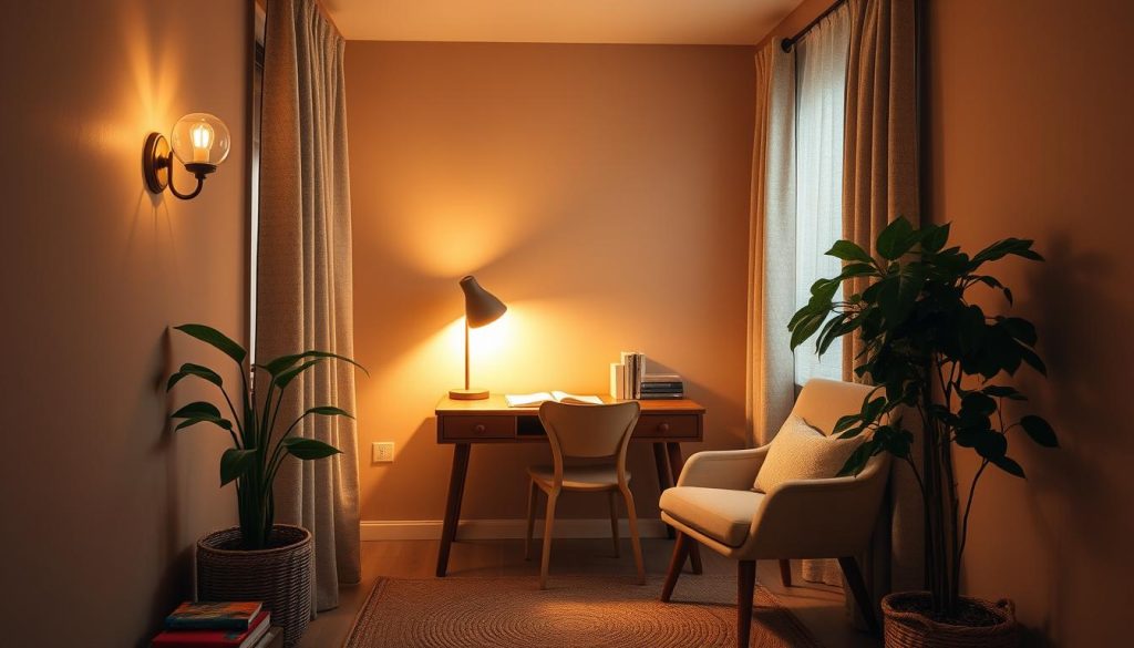 A cozy, intimate study nook with warm lighting and a minimalist aesthetic. The small room features a wooden desk, a comfortable armchair, and a lush potted plant. Soft, diffused lighting from a desk lamp and a wall sconce creates a serene, contemplative atmosphere. The walls are painted in a soothing, earthy tone, complemented by textured curtains and a woven rug. The overall design evokes a sense of tranquility and focus, perfect for studying or creating educational content.