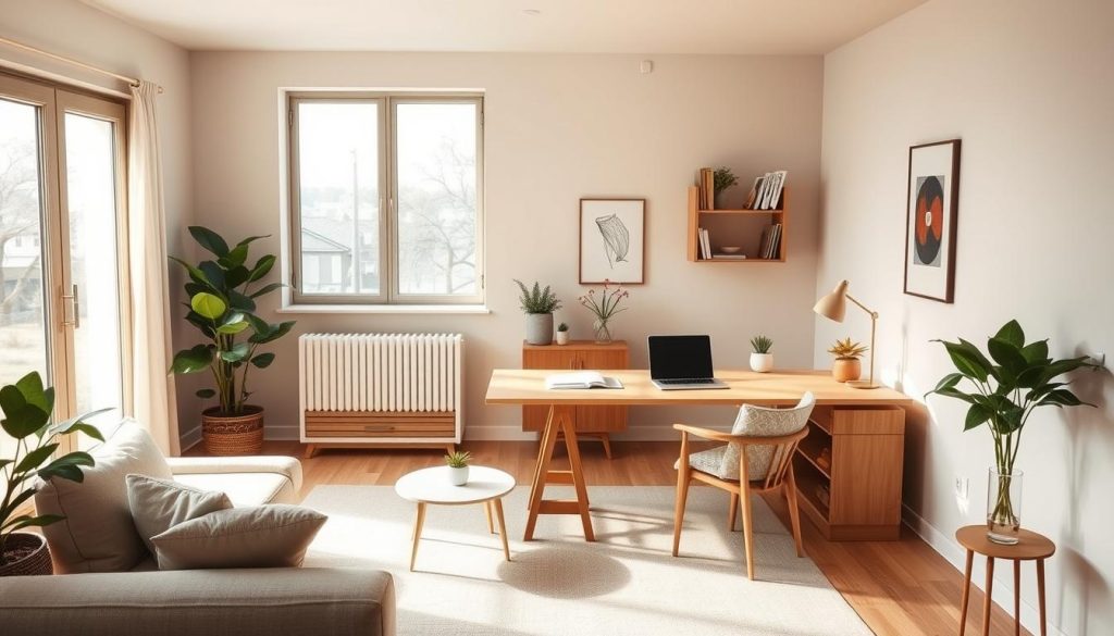A cozy, inviting study space with a serene, minimalist design. Warm lighting from a large window bathes the room in a soft, natural glow. Simplistic wooden furniture, neutral-toned textiles, and potted plants create a calming, focused atmosphere. The room's layout allows for both productive work and peaceful contemplation, encouraging mindful content creation. Clean lines, muted colors, and natural elements evoke a sense of tranquility, perfect for recording educational videos with an air of understated elegance. The overall ambiance is one of refined, comfortable productivity, inspiring thoughtful, high-quality content.