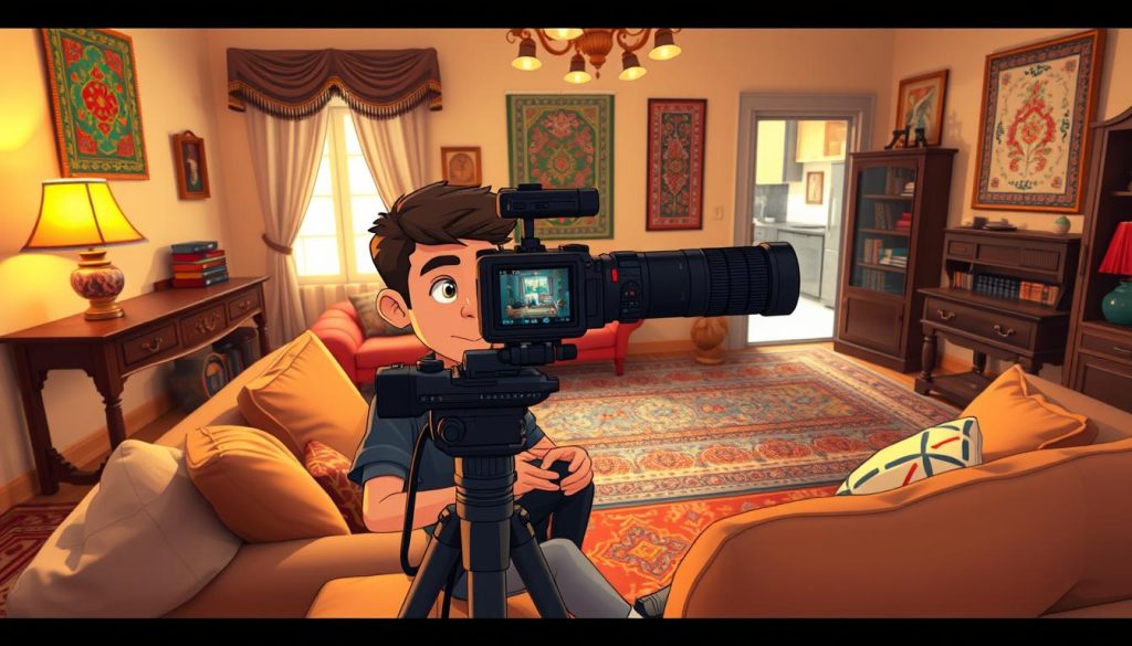 A cozy living room in a traditional Iranian home, bathed in warm lighting. A person sits comfortably on a plush sofa, filming themselves with a professional-grade camera. Colorful Persian rugs and wall hangings adorn the space, creating an authentic and inviting atmosphere. The camera angle captures the vlogger's earnest expression as they discuss the ongoing home renovation process, their voice carrying a sense of pride and enthusiasm. In the background, glimpses of the renovation work can be seen, hinting at the transformative journey. The image conveys a genuine, immersive experience, drawing the viewer into the captivating world of Iranian home improvement vlogs.