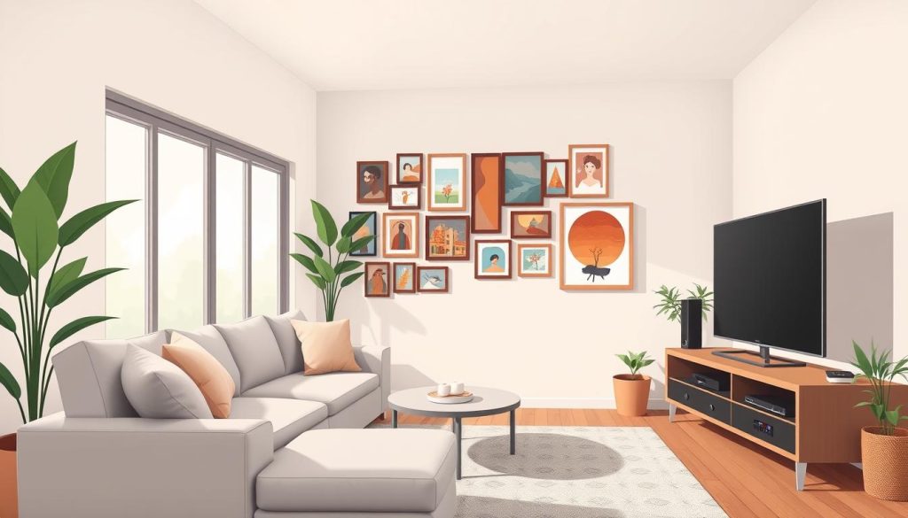 A cozy living room with a minimalist design, featuring a soft gray sectional sofa, plush throw pillows, and a large floor-to-ceiling window that lets in natural light. In the corner, a sleek, modern TV stand with a flatscreen display and a collection of streaming devices. On the wall, a vibrant gallery of framed artwork and photos, showcasing the homeowner's personal style. A lush, potted plant adds a touch of greenery, complementing the neutral color palette. The overall atmosphere is warm, inviting, and reflective of a stylish, contemporary home makeover.
