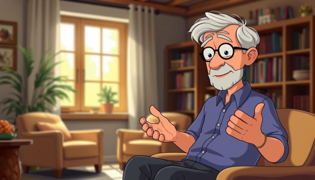 A cozy studio interior with comfortable armchairs and a bookshelf in the background. In the foreground, an animated character, perhaps an older man or woman, sits in a relaxed pose, gesturing as they tell an engaging story. Soft lighting filters through a window, creating a warm, inviting atmosphere. The character's facial expressions and body language convey a sense of captivating storytelling, drawing the viewer into the narrative. The overall scene evokes a welcoming and intimate setting for an adult-focused YouTube channel dedicated to storytelling and recounting personal memories.
