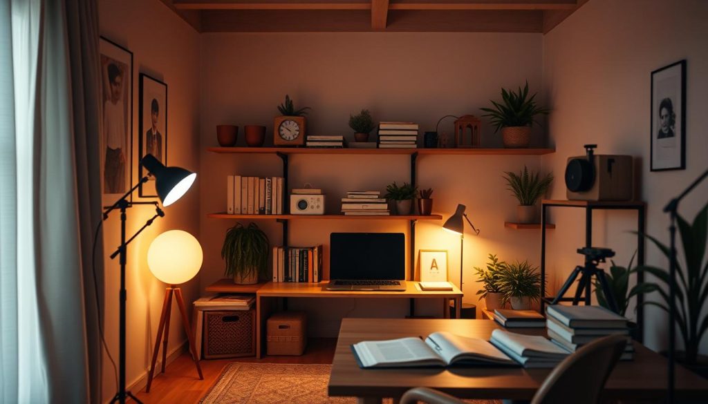 A cozy study space with a warm, inviting atmosphere. A soft, diffused lighting setup illuminates the area, creating a calming ambiance perfect for focused learning and content creation. Carefully positioned light sources cast a gentle glow, accentuating the study materials and equipment. Muted tones and natural textures blend seamlessly, fostering a sense of relaxation and productivity. The camera angle captures the scene from a slightly elevated perspective, showcasing the thoughtful design and attention to detail in the video setup. An inviting, distraction-free environment that encourages deep concentration and a positive, enriching experience for the viewer.