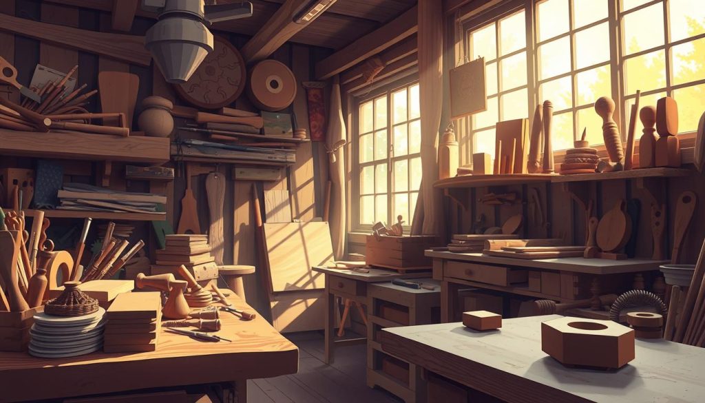 A cozy woodworking workshop, filled with the warm glow of natural light. Intricate wooden tools and meticulously crafted projects adorn the scene, showcasing the artistry and precision of the craft. The camera angle captures the workshop from a dynamic perspective, highlighting the delicate details and textures of the materials. The overall mood is one of focused concentration and creative inspiration, inviting the viewer to immerse themselves in the captivating world of high-quality woodworking videos.
