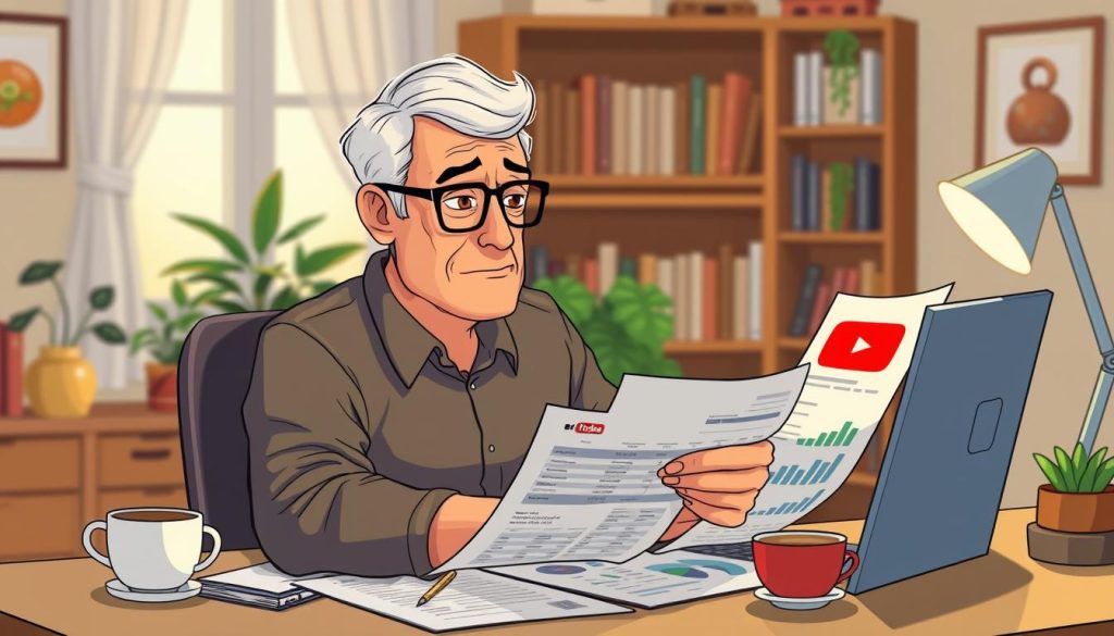 A detailed cartoon illustration of a middle-aged person carefully analyzing and evaluating the revenue streams from their YouTube channel. The scene depicts the individual sitting at a desk, closely examining financial reports and spreadsheets, with a focused expression on their face. The background features a cozy, home office setting, with bookshelves, a potted plant, and a cup of coffee, creating a contemplative atmosphere. Soft, warm lighting illuminates the scene, emphasizing the thoughtful, analytical nature of the task at hand. The overall composition conveys the idea of carefully understanding and optimizing one's YouTube monetization strategies.
