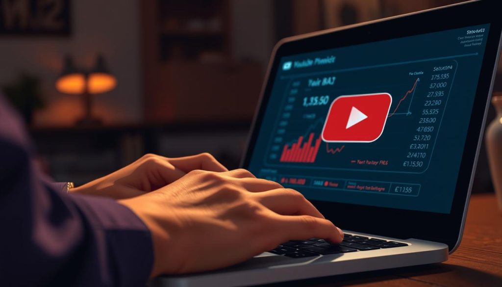 A detailed close-up view of a person's hands meticulously calculating and analyzing financial data on a laptop screen, with the YouTube logo prominently displayed. The foreground is focused on the hands and laptop, while the background is blurred and dimly lit, creating a sense of concentration and intensity. The scene is illuminated by a warm, directional light source, casting subtle shadows and highlights on the subject. The overall mood is one of deep contemplation and careful consideration of the complexities of monetizing content on the YouTube platform.