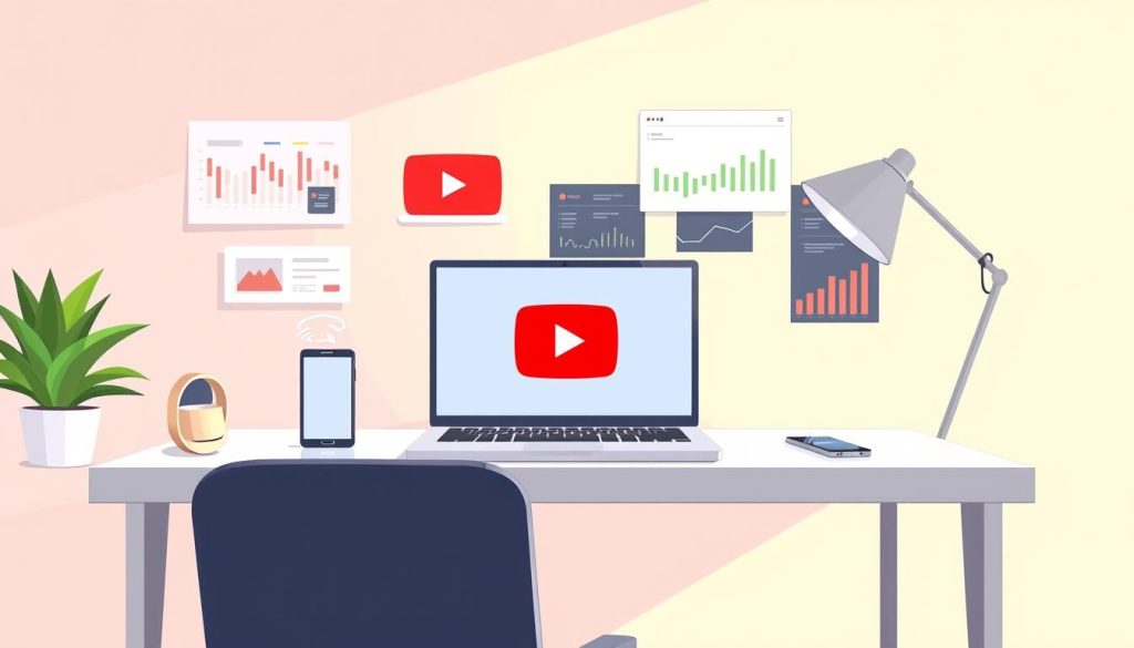 A detailed illustration of a YouTube business model, showcasing a modern, minimalist aesthetic. The composition features a clean, well-lit desktop setup with a laptop, smartphone, and various digital analytics displays. The YouTube logo is prominently placed, serving as the focal point. The background is a soft, gradient blend of pastel shades, creating a serene and professional atmosphere. The overall scene conveys a sense of effortless content creation and a non-linear revenue stream, aligning with the concept of "AI + Automated Production = YouTube Income; a Strategy for Non-Linear Revenue."