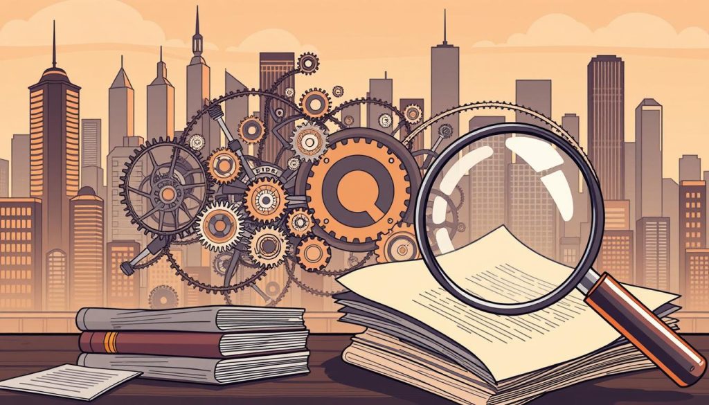 A detailed illustration showcasing the concept of "قوانین حق نشر" (Copyright Laws). In the foreground, a magnifying glass hovers over a stack of legal documents, symbolizing the careful examination of intellectual property rights. In the middle ground, an intricate web of interconnected gears and mechanisms represents the complex legal framework governing copyright. The background features a cityscape with towering skyscrapers, alluding to the global reach and impact of these regulations. The overall scene conveys a sense of precision, order, and the importance of understanding the nuances of copyright law. The image should be rendered in a sleek, technical style using a warm, muted color palette.