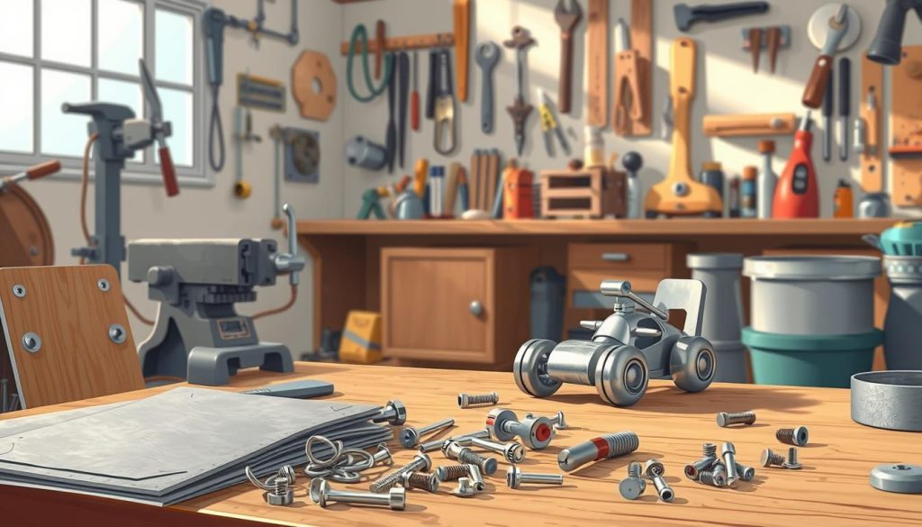 A detailed, well-lit workshop filled with an assortment of metalworking tools, including a bench vise, pliers, a hammer, and a soldering iron. In the foreground, various metal sheets, wires, and fasteners lie neatly organized, ready to be transformed into a whimsical, cartoon-style metal toy car. The background features a bright, airy space with natural lighting streaming in, casting soft shadows and creating a sense of warmth and creativity.