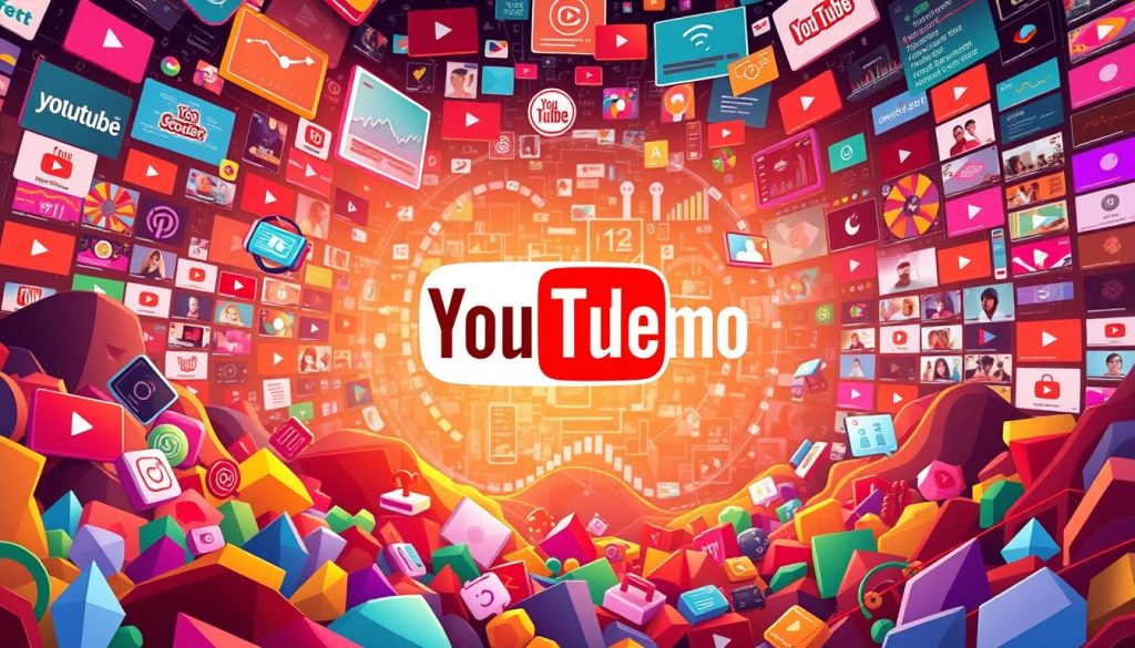 A digital landscape showcasing the ever-evolving trends of YouTube, with the YTPRomo logo prominently displayed. In the foreground, a vibrant collage of colorful, abstract shapes and patterns represents the constantly shifting algorithms and viewer preferences that dictate the platform's content. The middle ground features a dynamic array of data visualizations, charts, and graphs, illustrating the ebb and flow of popular genres, viral sensations, and influencer dominance. The background is a kaleidoscopic array of YouTube thumbnails, video titles, and view counts, creating a sense of the sheer scale and complexity of the platform's content ecosystem. Warm, neon-tinged lighting and a slightly surreal, futuristic atmosphere convey the unpredictable and ever-changing nature of the YouTube trends landscape.