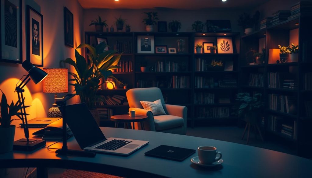 A dimly lit study room with a cozy and inviting atmosphere. In the foreground, a sleek and modern desk setup featuring a laptop, microphone, and minimalist decor. The middle ground showcases a plush armchair and a side table with a cup of coffee, hinting at the content creator's workspace. The background features bookshelves adorned with various plants and framed artwork, creating a sense of scholarly tranquility. Warm, soft lighting illuminates the scene, casting a soothing glow and emphasizing the attention to detail in the professional-grade decor.