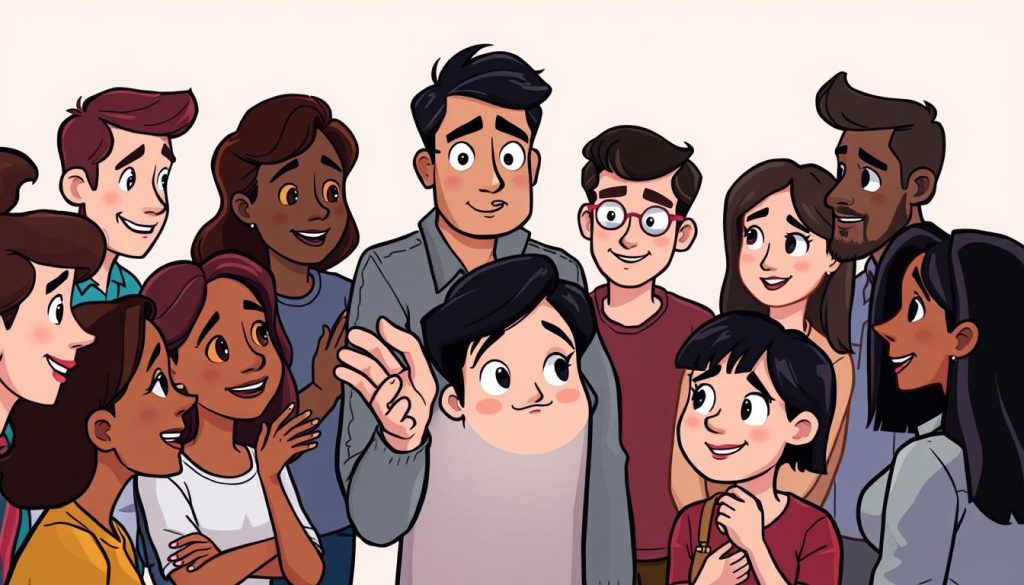 A diverse group of people engaged in thoughtful discussion, their faces animated with interest and curiosity. The scene is rendered in a whimsical, cartoon-like style, with soft lighting and warm tones that convey a sense of approachability and openness. The foreground features a central figure gesturing expressively, surrounded by others leaning in, their body language indicating active listening and exchange of ideas. In the middle ground, more individuals are gathered, their expressions ranging from contemplative to enthusiastic. The background is a minimalist setting, allowing the focus to remain on the engaging conversation at hand.