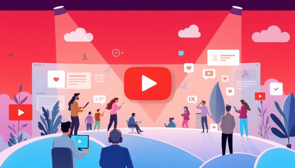 A dynamic YouTube interface with vibrant colors and minimalist design elements, featuring a prominent YouTube logo. The scene depicts a variety of interactive content creators, viewers, and engagement metrics such as likes, comments, and subscriber counts, all coalescing to create an atmosphere of active community and lively interaction. The lighting is soft and directional, adding depth and dimension to the digital landscape. The composition balances the various UI components, striking a harmonious and visually appealing balance that reflects the section's focus on improving YouTube engagement and audience retention.