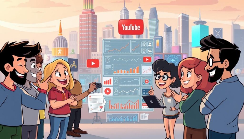 A dynamic and playful scene depicting the competitive landscape of YouTube content creators. In the foreground, a group of animated characters representing various niches and genres - comedy, gaming, vlogging, and more - engaged in a lively discussion. Their body language and facial expressions convey a sense of both camaraderie and friendly rivalry. In the middle ground, an array of charts, graphs, and analytics dashboards showcase the metrics of their respective channels - subscriber counts, view rates, engagement levels. The background depicts a vibrant, colorful cityscape, with towering skyscrapers and neon-lit billboards, symbolizing the scale and scope of the YouTube ecosystem. Soft, diffused lighting casts a warm, aspirational glow over the entire scene, suggesting the potential for success and growth. A dynamic and playful scene depicting the competitive landscape of YouTube content creators. In the foreground, a group of animated characters representing various niches and genres - comedy, gaming, vlogging, and more - engaged in a lively discussion. Their body language and facial expressions convey a sense of both camaraderie and friendly rivalry. In the middle ground, an array of charts, graphs, and analytics dashboards showcase the metrics of their respective channels - subscriber counts, view rates, engagement levels. The background depicts a vibrant, colorful cityscape, with towering skyscrapers and neon-lit billboards, symbolizing the scale and scope of the YouTube ecosystem. Soft, diffused lighting casts a warm, aspirational glow over the entire scene, suggesting the potential for success and growth.
