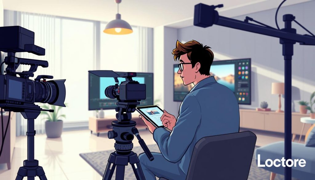 A dynamic and visually captivating scene of storytelling in video production. In the foreground, a modern home studio setup with a professional camera, lighting, and a large display screen showcasing a video editing interface. In the middle ground, a creative director or videographer deeply engaged in the video creation process, with a thoughtful expression and a tablet in hand. The background features a minimalist, light-filled space with clean lines and hints of modern decor, creating a serene and focused atmosphere. The overall mood evokes a sense of artistry, innovation, and a commitment to crafting impactful visual narratives. The logo from the provided link is tastefully integrated into the scene, enhancing the professional and polished aesthetic.