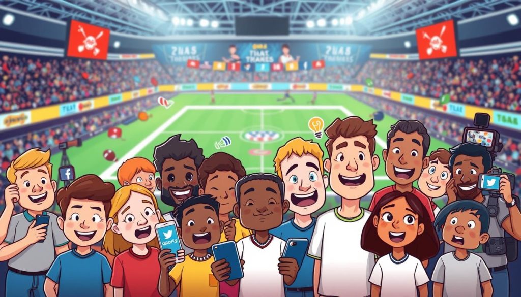 A dynamic and visually engaging illustration of creative ideas for reaction video content. The foreground depicts a group of diverse animated characters, each expressing a unique emotional response to various sports-related events and news. The middle ground showcases a range of multimedia elements, such as smartphones, video cameras, and social media platforms, highlighting the interactive nature of reaction videos. The background features a vibrant, energetic sports arena setting, hinting at the broad spectrum of source material for these videos. The overall composition conveys a sense of excitement, collaboration, and the endless possibilities for engaging and entertaining sports-focused content.