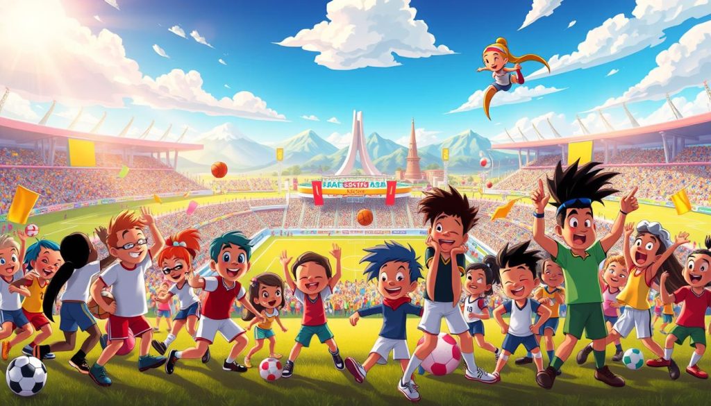 A dynamic scene showcasing a diverse range of engaging sports subjects. In the foreground, a group of animated characters enthusiastically engaged in various athletic pursuits, such as soccer, basketball, and gymnastics. The middle ground features a vibrant stadium setting, with cheering crowds and colorful banners. In the background, a panoramic landscape depicts iconic sports landmarks, like a majestic mountain range or a futuristic cityscape. The lighting is warm and vivid, creating a sense of energy and excitement. The overall composition conveys the thrill and joy of athletic competition, inviting the viewer to immerse themselves in the rich tapestry of sports history and storytelling. A dynamic scene showcasing a diverse range of engaging sports subjects. In the foreground, a group of animated characters enthusiastically engaged in various athletic pursuits, such as soccer, basketball, and gymnastics. The middle ground features a vibrant stadium setting, with cheering crowds and colorful banners. In the background, a panoramic landscape depicts iconic sports landmarks, like a majestic mountain range or a futuristic cityscape. The lighting is warm and vivid, creating a sense of energy and excitement. The overall composition conveys the thrill and joy of athletic competition, inviting the viewer to immerse themselves in the rich tapestry of sports history and storytelling.