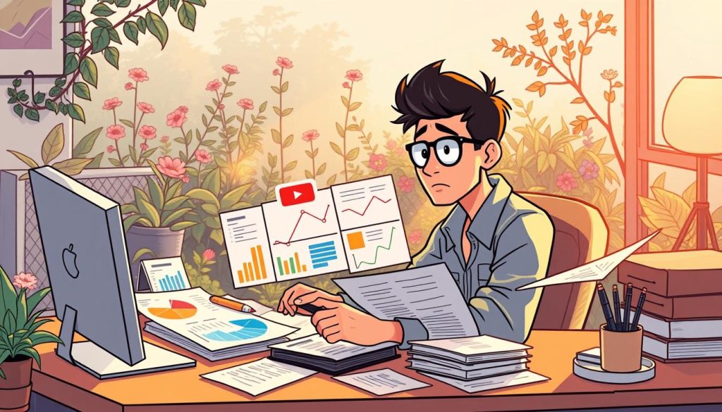 A dynamic scene where a YouTuber sits at a desk, meticulously analyzing their channel's analytics and revenue. Surrounded by colorful graphs, charts, and financial documents, they ponder the nuances of monetizing online content. The lighting is warm and inviting, creating a contemplative atmosphere. The YouTuber's expression is one of thoughtful consideration, reflecting the complexities of maximizing earnings from their digital endeavors. In the background, a lush, hand-drawn garden hints at the broader context of the article, suggesting a harmonious balance between practical concerns and a passion for growth and creativity. A dynamic scene where a YouTuber sits at a desk, meticulously analyzing their channel's analytics and revenue. Surrounded by colorful graphs, charts, and financial documents, they ponder the nuances of monetizing online content. The lighting is warm and inviting, creating a contemplative atmosphere. The YouTuber's expression is one of thoughtful consideration, reflecting the complexities of maximizing earnings from their digital endeavors. In the background, a lush, hand-drawn garden hints at the broader context of the article, suggesting a harmonious balance between practical concerns and a passion for growth and creativity.