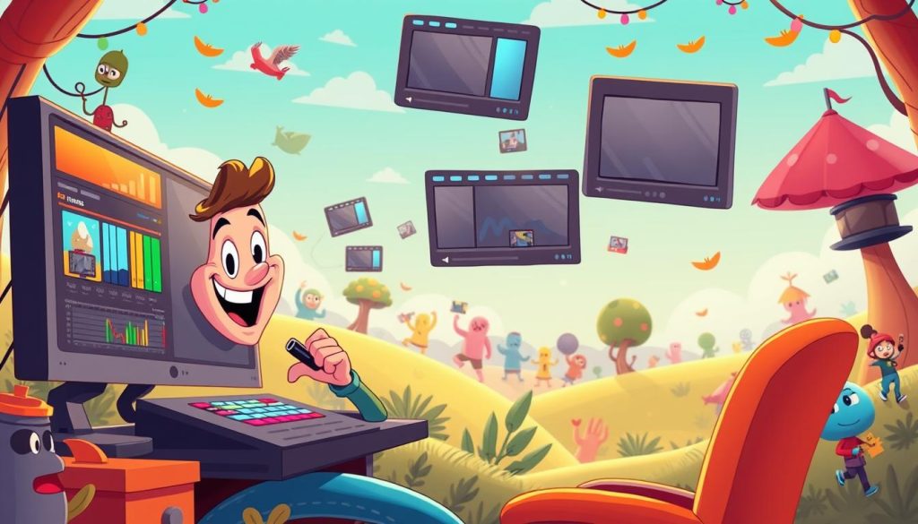 A dynamic, vibrant scene showcasing the art of video editing. In the foreground, a jovial character sits at a workstation, their fingers deftly manipulating video clips and audio tracks. Colorful windows and tools surround them, hinting at the powerful software at their fingertips. In the middle ground, a series of frames and thumbnails float, representing the various stages of the editing process. The background is a whimsical, cartoonish landscape, filled with quirky characters and playful visual elements that capture the spirit of the article's subject. Soft, warm lighting creates a welcoming, creative atmosphere, inviting the viewer to immerse themselves in the world of video editing and content creation. A dynamic, vibrant scene showcasing the art of video editing. In the foreground, a jovial character sits at a workstation, their fingers deftly manipulating video clips and audio tracks. Colorful windows and tools surround them, hinting at the powerful software at their fingertips. In the middle ground, a series of frames and thumbnails float, representing the various stages of the editing process. The background is a whimsical, cartoonish landscape, filled with quirky characters and playful visual elements that capture the spirit of the article's subject. Soft, warm lighting creates a welcoming, creative atmosphere, inviting the viewer to immerse themselves in the world of video editing and content creation.