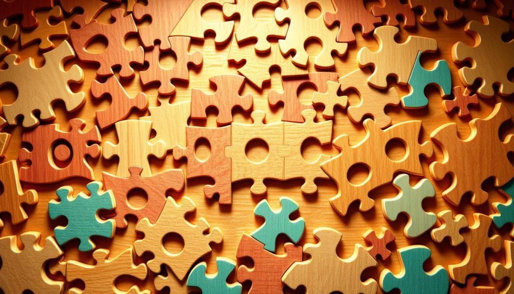 A finely crafted wooden puzzle pattern, with intricate interlocking shapes and an array of vibrant hues. The design features a whimsical, cartoon-like aesthetic, with smooth, organic curves and clean, geometric lines. The puzzle pieces are arranged in a dynamic, eye-catching composition, hinting at the playful and creative process of assembly. Warm, soft lighting casts a cozy, inviting atmosphere, drawing the viewer into the intricate world of this handcrafted puzzle. The scene captures the essence of the "Design and Planning" stage, showcasing the meticulous planning and artistry behind the creation of a unique, wooden puzzle.