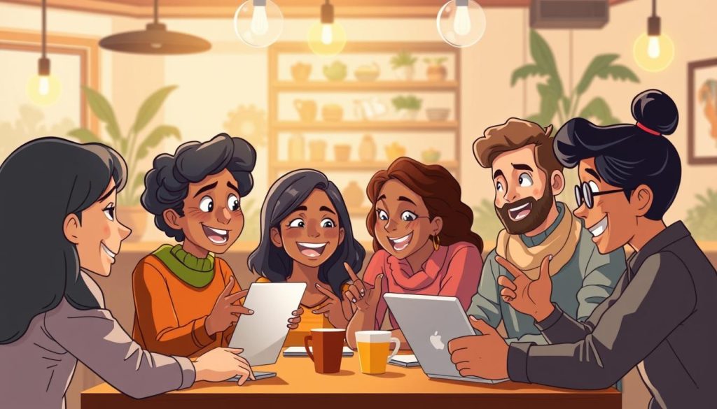 A group of diverse individuals engaged in lively discussion, their expressions animated and gestures emphatic, against a backdrop of a cozy, welcoming cafe setting. Warm lighting casts a soft glow, creating an atmosphere of camaraderie and connection. The scene captures the essence of a vibrant online community, where ideas are exchanged, opinions shared, and a sense of belonging is fostered through meaningful interactions.