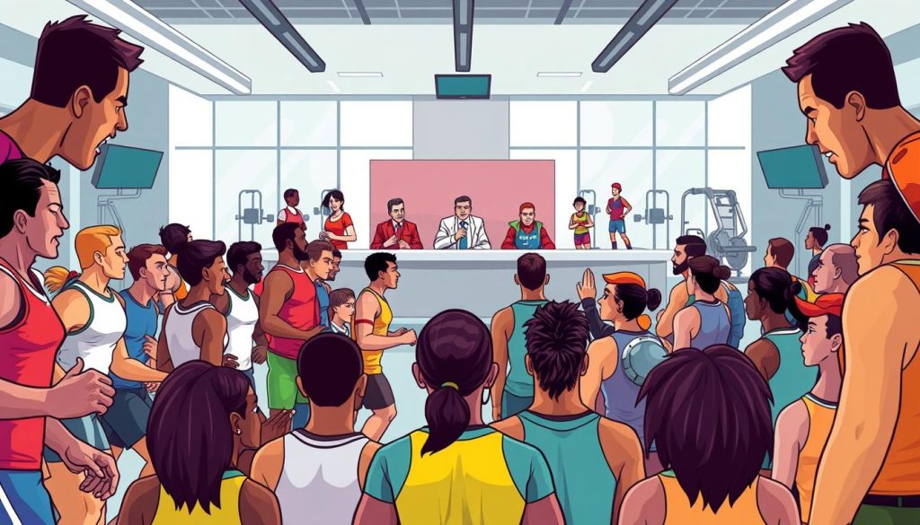 A group of diverse, vibrant athletes gathered in a dynamic, colorful scene. The foreground features a mix of sportspeople in various poses, engaged in a variety of athletic activities like running, jumping, and lifting weights. The middle ground showcases a judging panel intently evaluating the athletes, capturing the process of selection. The background depicts a sleek, modern training facility with state-of-the-art equipment, conveying a sense of professionalism and high-performance. The entire composition is rendered in a stylized, cartoon-like aesthetic, with bold, expressive lines and a vibrant, playful color palette. The overall mood is one of energy, excitement, and the thrill of the selection process.