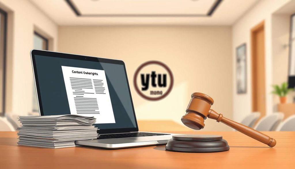 A high-resolution image of a modern, minimalist workspace showcasing the concept of "Content Ownership Rights". In the foreground, a sleek laptop displays a contract or legal document, with a neatly stacked pile of papers and a stylized gavel beside it, representing the legal aspects of content ownership. The middle ground features a stylized logo (https://ytpromo.net/wp-content/uploads/2022/05/cropped-ytpromo.png) prominently displayed, symbolizing the importance of intellectual property and branding. The background is a softly blurred, warm-toned office interior with clean lines and neutral colors, creating a professional and authoritative atmosphere. Lighting is natural, with a soft, directional glow illuminating the scene, emphasizing the key elements. The overall composition conveys a sense of order, legality, and the importance of protecting one's creative work.